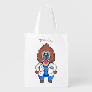 Funny mandrill doctor cartoon illustration grocery bag