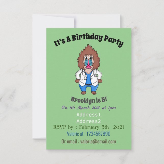 Funny mandrill doctor cartoon illustration invitation (Front)