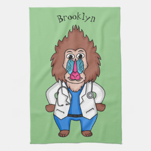 Funny mandrill doctor cartoon illustration kitchen towel