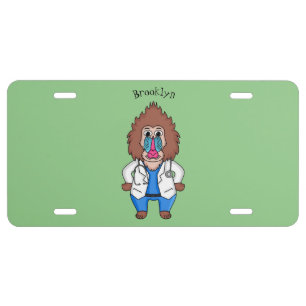 Funny mandrill doctor cartoon illustration license plate