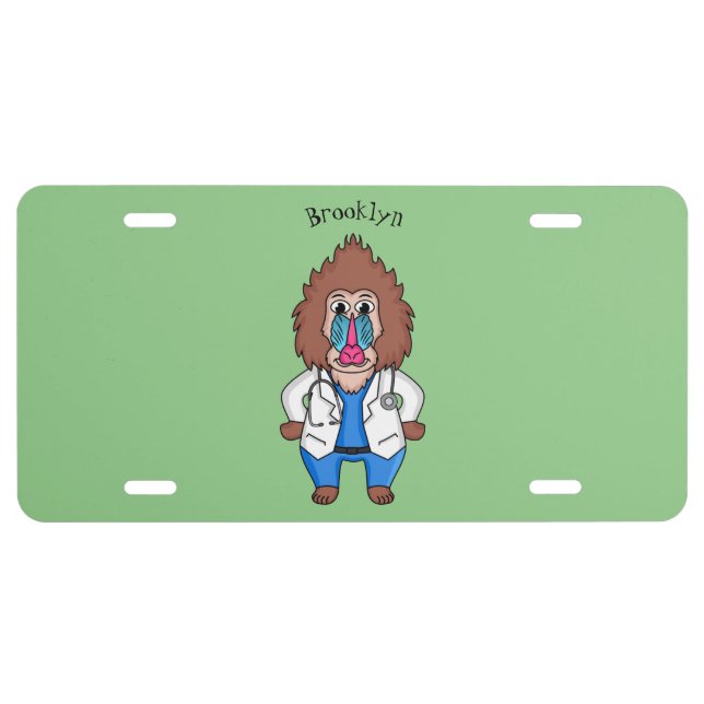 Funny mandrill doctor cartoon illustration license plate (Front)