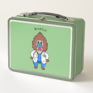 Funny mandrill doctor cartoon illustration metal lunch box