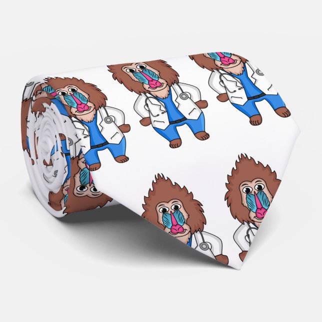 Funny mandrill doctor cartoon illustration neck tie (Rolled)