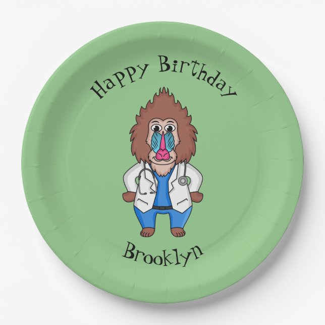 Funny mandrill doctor cartoon illustration paper plates (Front)