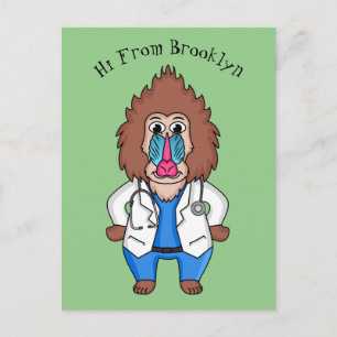 Funny mandrill doctor cartoon illustration postcard