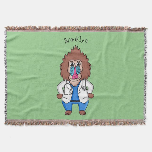 Funny mandrill doctor cartoon illustration throw blanket (Front)