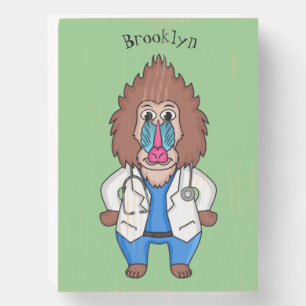 Funny mandrill doctor cartoon illustration wooden box sign