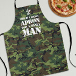 Funny Manly Camouflage Apron<br><div class="desc">Funny manly apron featuring a camouflage pattern background,  a knife,  folk & spoon logo,  plus the saying "this is a manly apron,  for a manly man".</div>