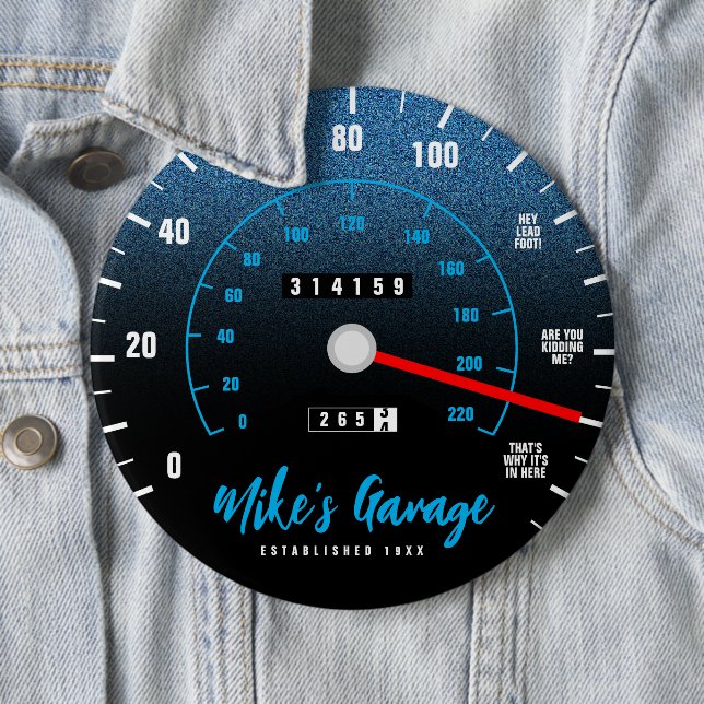 Funny Manly Car Odometer Speedometer Blue Glitter Button (In Situ)