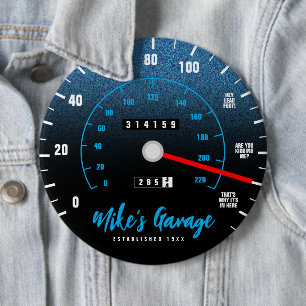 Funny Manly Car Odometer Speedometer Blue Glitter Button