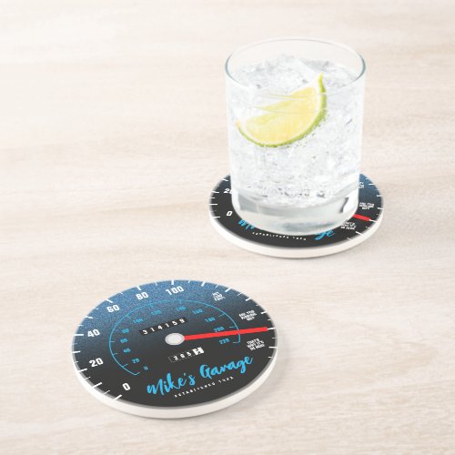 Funny Manly Car Odometer Speedometer Blue Glitter Coaster