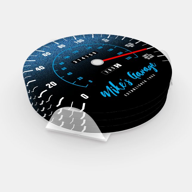 Funny Manly Car Odometer Speedometer Blue Glitter Coaster Set (Set)
