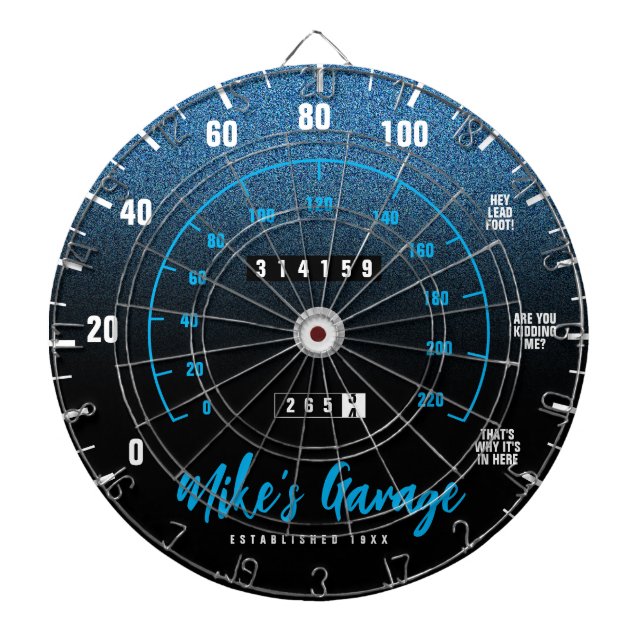 Funny Manly Car Odometer Speedometer Blue Glitter Dart Board (Front)