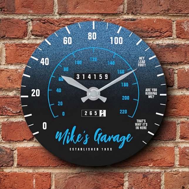 Funny Manly Car Odometer Speedometer Blue Glitter Large Clock (Funny Manly Car Odometer Speedometer Blue Glitter Large Clock on Red Brick Wall Cover Photo)