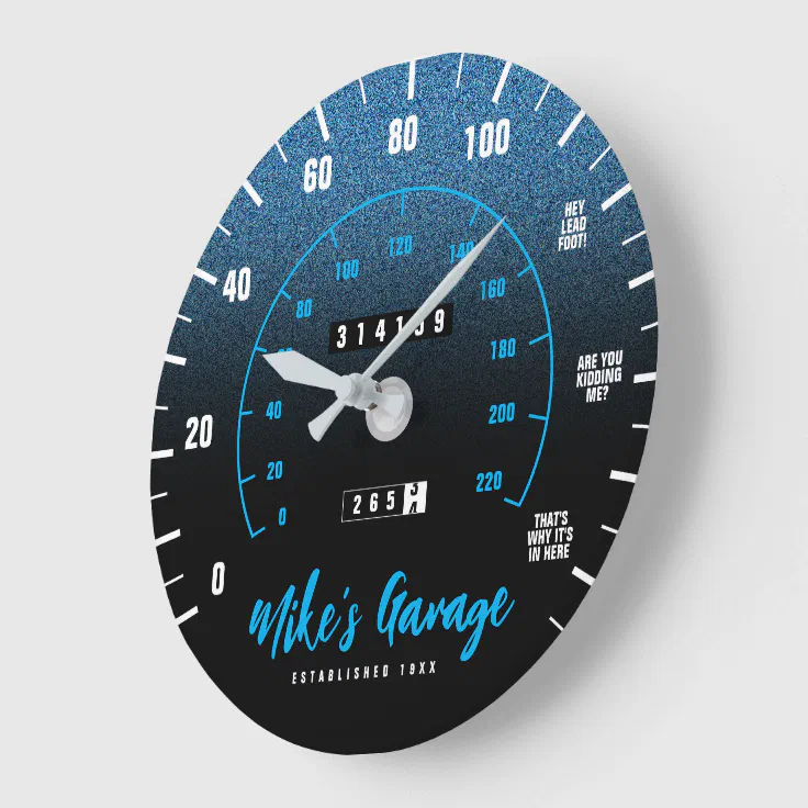 Funny Manly Car Odometer Speedometer Blue Glitter Large Clock Zazzle