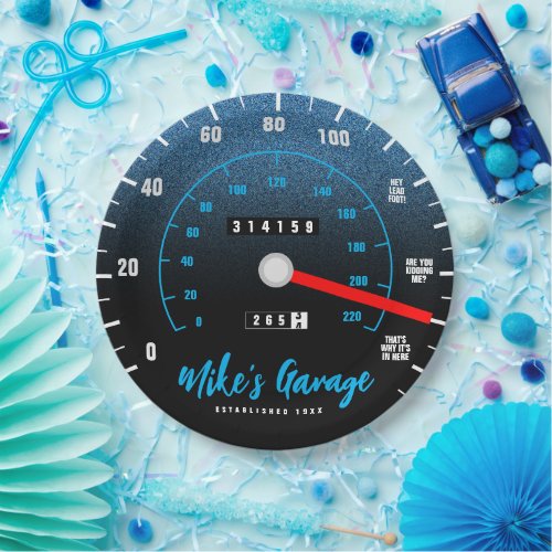Funny Manly Car Odometer Speedometer Blue Glitter Paper Plates
