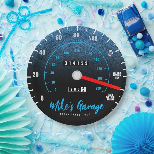 Funny Manly Car Odometer Speedometer Blue Glitter Paper Plates (Party)