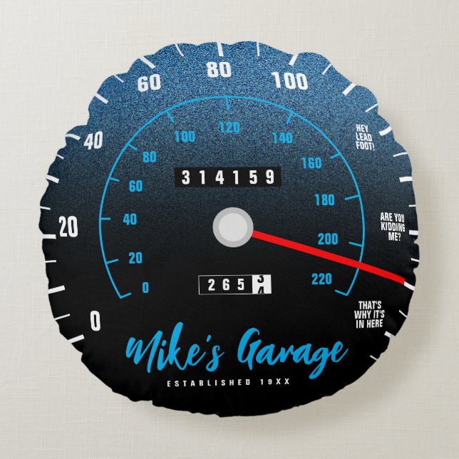 Funny Manly Car Odometer Speedometer Blue Glitter Round Pillow (Front)