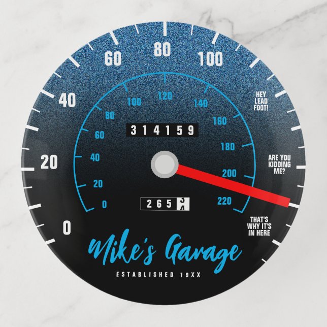 Funny Manly Car Odometer Speedometer Blue Glitter Trinket Tray (Front)