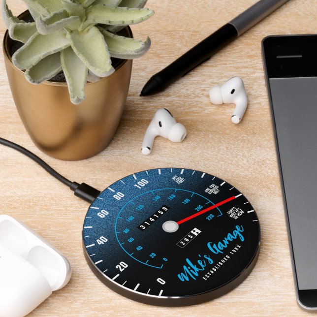 Funny Manly Car Odometer Speedometer Blue Glitter Wireless Charger (Desk 2)