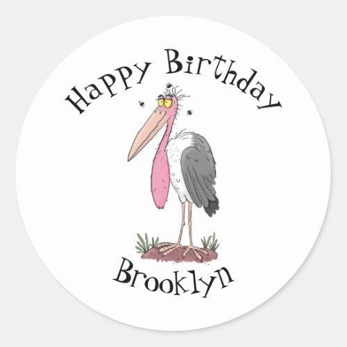 Funny marabou stork cartoon classic round sticker