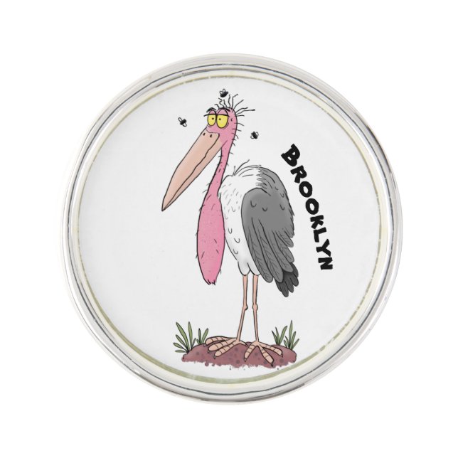 Funny marabou stork cartoon lapel pin (Front)