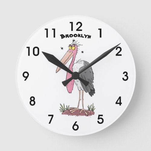 Funny marabou stork cartoon round clock