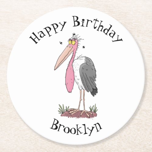 Funny marabou stork cartoon round paper coaster