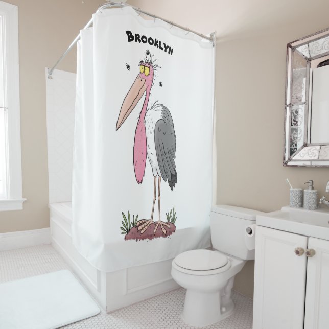 Funny marabou stork cartoon shower curtain (In Situ)