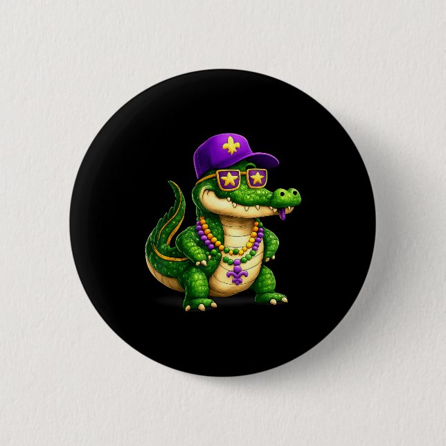 Funny Mardi Gras Alligator Beads Carnival Celebrat Button (Front)