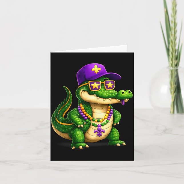 Funny Mardi Gras Alligator Beads Carnival Celebrat Card (Front)