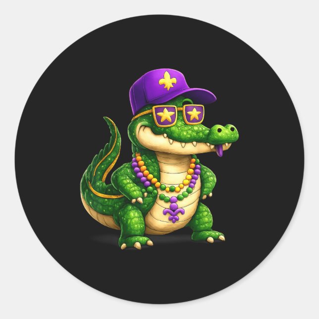 Funny Mardi Gras Alligator Beads Carnival Celebrat Classic Round Sticker (Front)