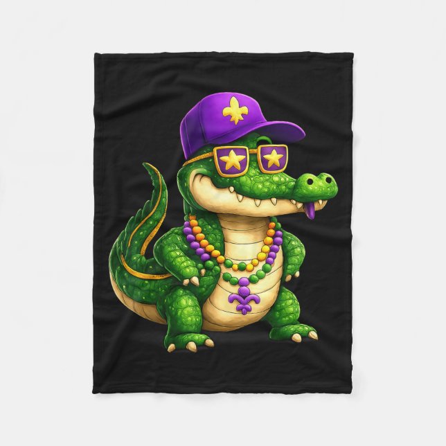 Funny Mardi Gras Alligator Beads Carnival Celebrat Fleece Blanket (Front)