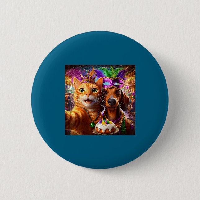 Funny Mardi Gras Cat Dachshund Selfie Squad  Button (Front)