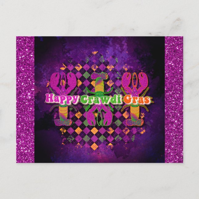 Funny Mardi Gras Crawfish Purple Postcard (Front)