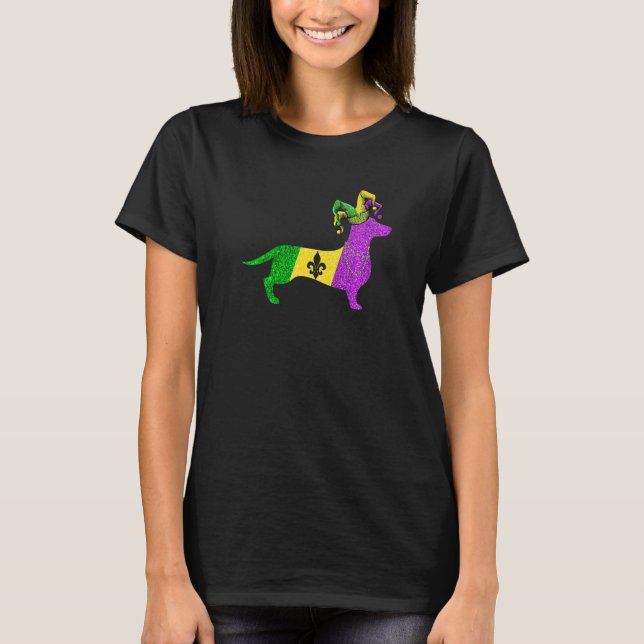 Funny Mardi Gras Dachshund Dog Mardi Gras Hat Bead T-Shirt (Front)