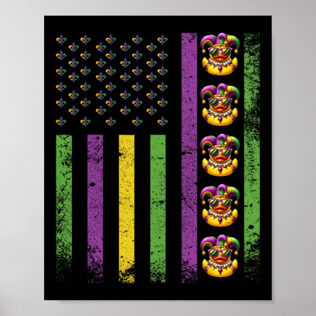 Funny Mardi Gras Ducks Usa Flag Beads Rubber Duck  Poster (Front)