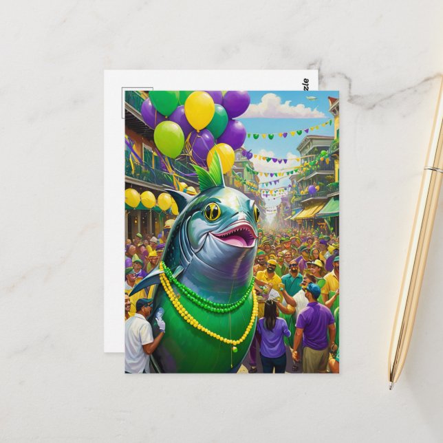Funny Mardi Gras Fish Postcard (Front/Back In Situ)