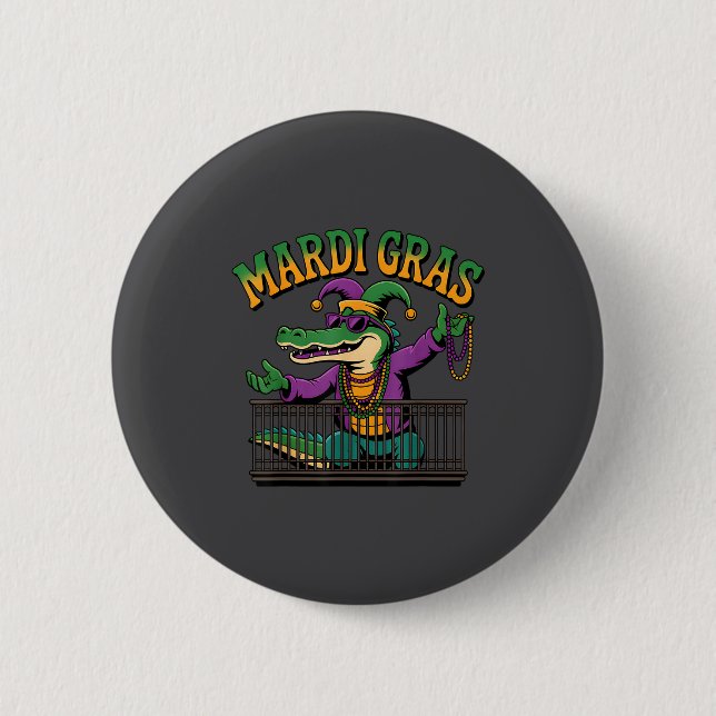 Funny Mardi Gras Gator New Orleans Party Squad Bea Button (Front)