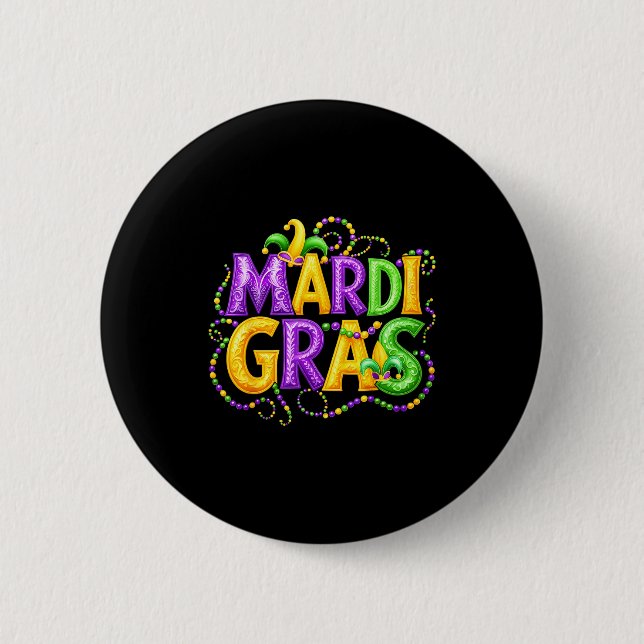 Funny Mardi Gras Parade Jester Hat Beads Men Women Button (Front)