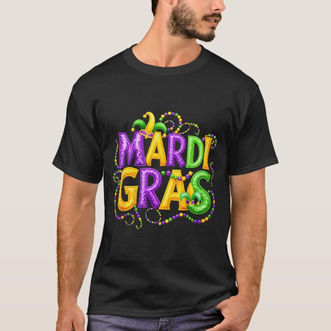 Funny Mardi Gras Parade Jester Hat Beads Men Women T-Shirt (Front)