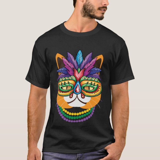 Funny Mardi Gras Party Cat Beads Mask Masquerade C T-Shirt (Front)