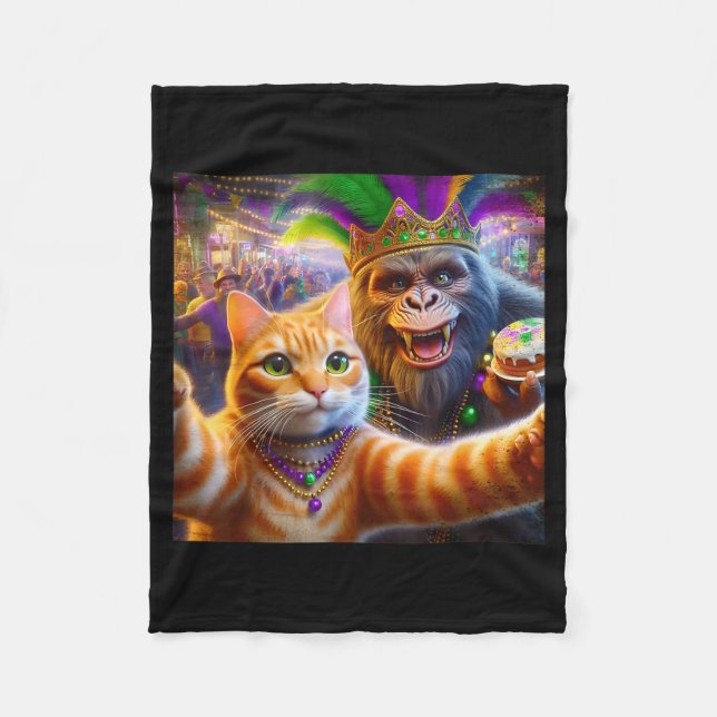 Funny Mardi Gras Selfie Cat Bigfoot Quote  Fleece Blanket (Front)