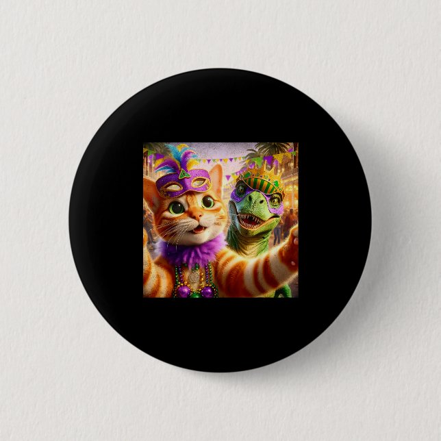 Funny Mardi Gras Selfie Cat Dinosaur Quote _1  Button (Front)