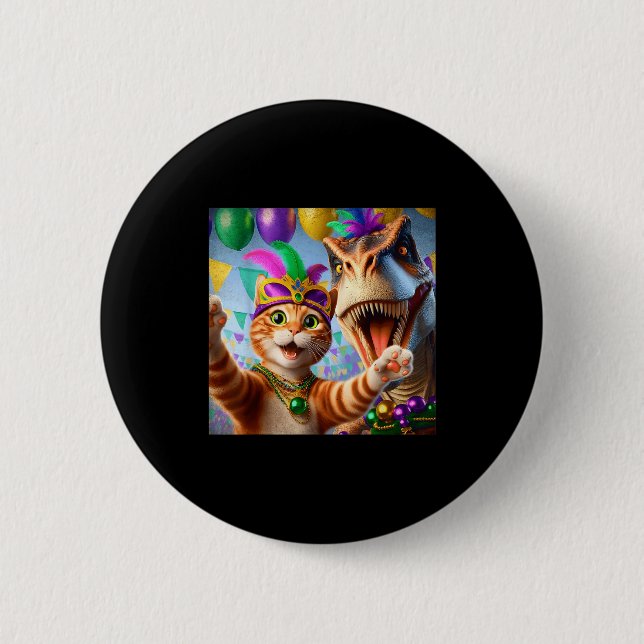 Funny Mardi Gras Selfie Cat Dinosaur Quote _2  Button (Front)