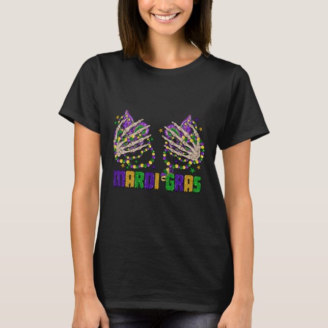 Funny Mardi Gras Skeleton Hands With Beads And Fle T-Shirt (Front)