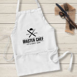 Funny Master Chef Personalized Culinary Catering Adult Apron<br><div class="desc">The master chef, budding chef or caterer will appreciate this modern design featuring a criss crossed kitchen fork and knife with a chef's serving platter above. Add your chef's name and year established or delete. Perfect for your favorite foodie, gift for father's day, mother's day, restaurant owner or for a...</div>