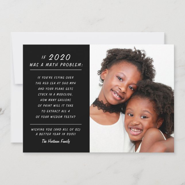 Funny Math Problem Black 2020 New Year Photo Holiday Card (Front)