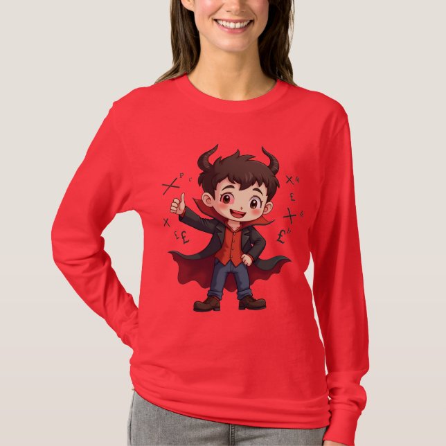 Funny Math Teacher Cartoon – Devilish Educator  T-Shirt (Front)