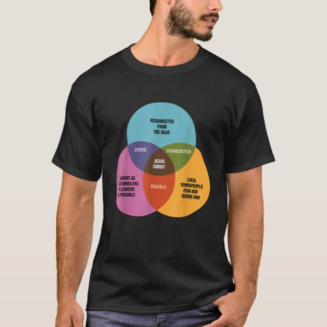 Funny Math Venn Diagram Jesus Zombie Dracula Frank T-Shirt (Front)